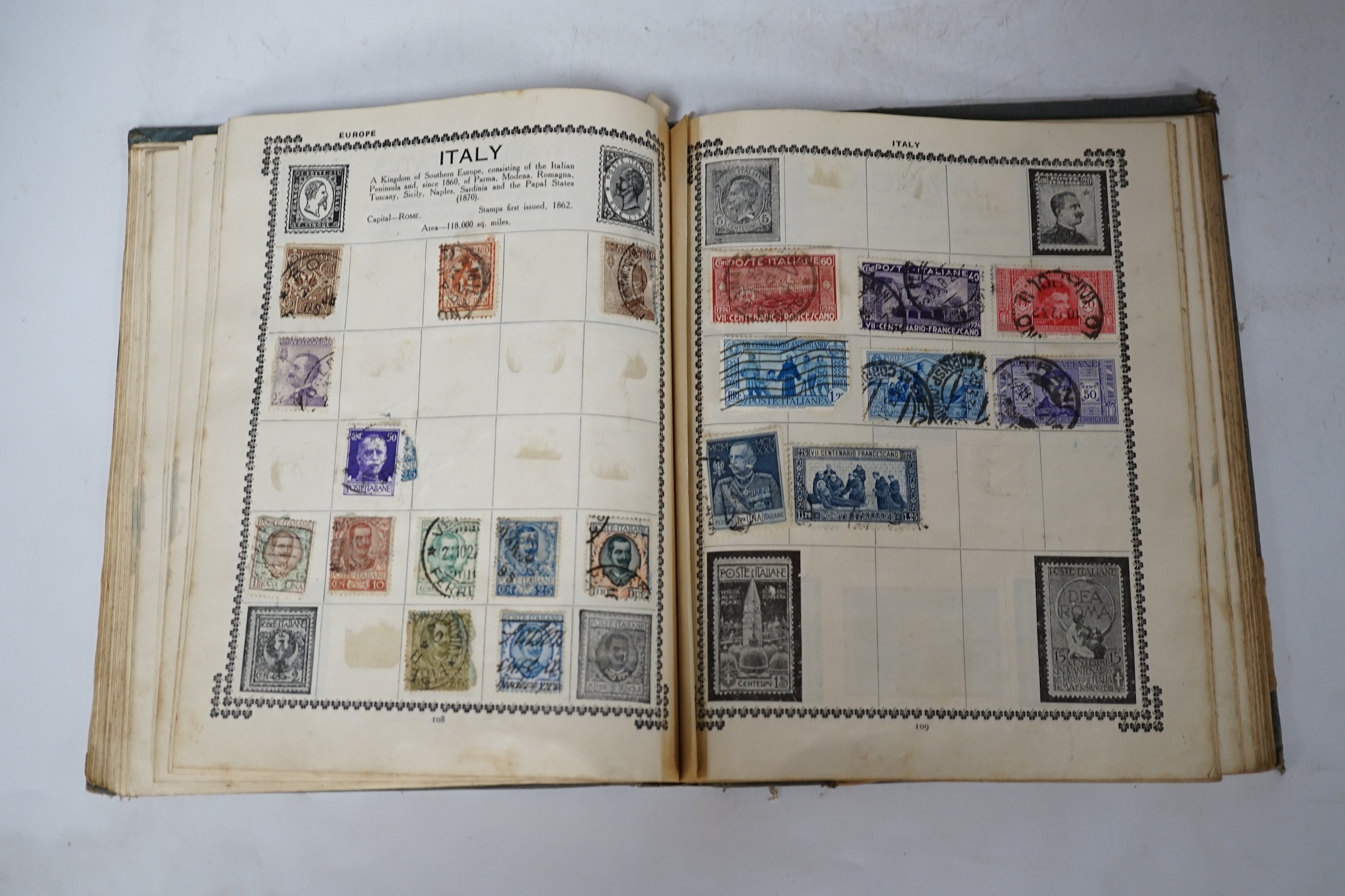 Two early 20th century Stamp Albums, containing a sparse accumulation of All World postage stamps, a 1d black and two 1d reds seen